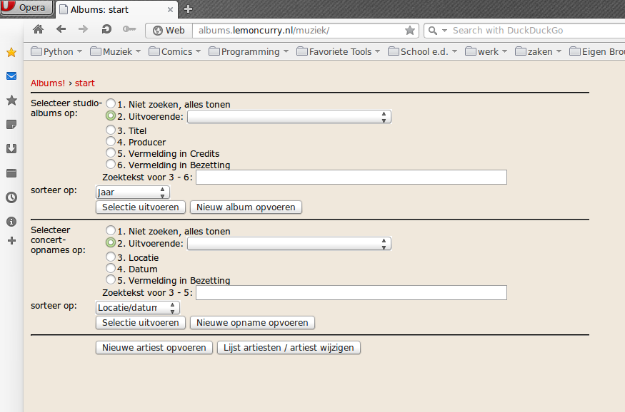 start page of the application, showing three "regions"