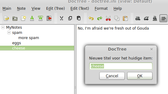 dialoog met de item titel in het tekstveld
