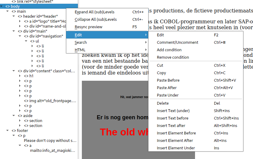 popup menu listing edit actions