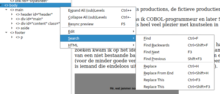 popup menu met zoek/vervang acties